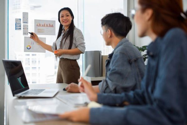 A meeting in a meeting room